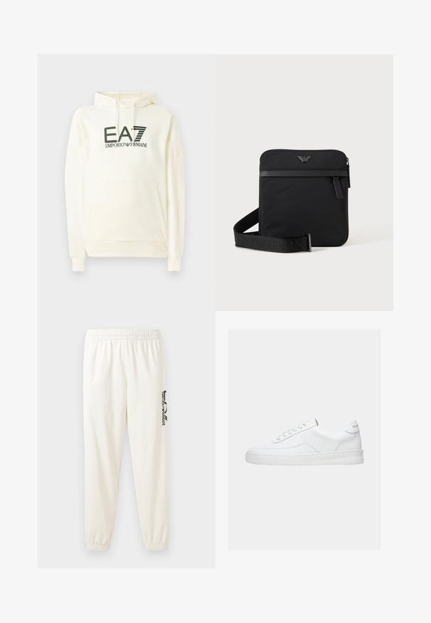 Sudadera blanca con capucha, hecha de un tejido suave, que cuenta con un bolsillo frontal y un logo impreso en verde oscuro. Mangas largas con puños de canalé.; Pantalones deportivos de un color beige claro con cinturilla elástica y puños elásticos. Presenta un logo negro impreso en la pierna izquierda. Textura de tela suave.; Zapatilla deportiva blanca de corte bajo con diseño con cordones, parte superior de cuero liso y suela gruesa, vista de lado sobre un fondo liso.; Bolso de hombro negro cuadrado con cierre de cremallera, bolsillo delantero y correa ajustable con nombre de marca en relieve.