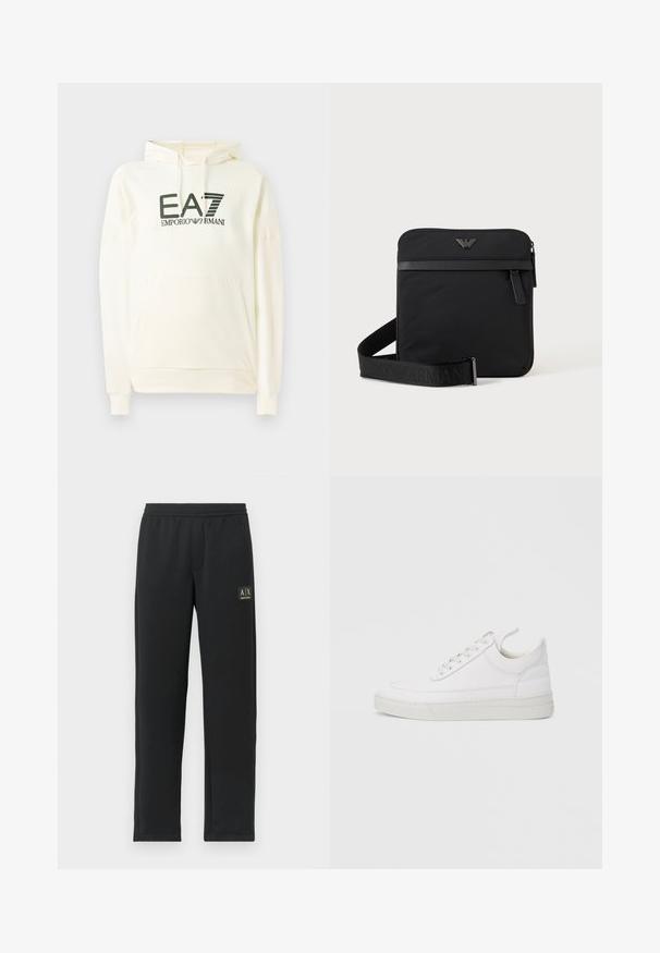 Hvid hættetrøje lavet af blødt stof, med en frontlomme og et trykt logo i mørkegrøn. Lange ærmer med ribbede manchetter.; Sorte sweatpants med lige ben, elastisk talje og sort logo-patch på venstre lår.; Hvid lædersneaker med rundet tå, flad sål og snørebånd foran. Har syningsdetaljer og polstret krave for komfort.; Sort firkantet skuldertaske med lynlås, frontlomme og justerbar rem med præget brandnavn.