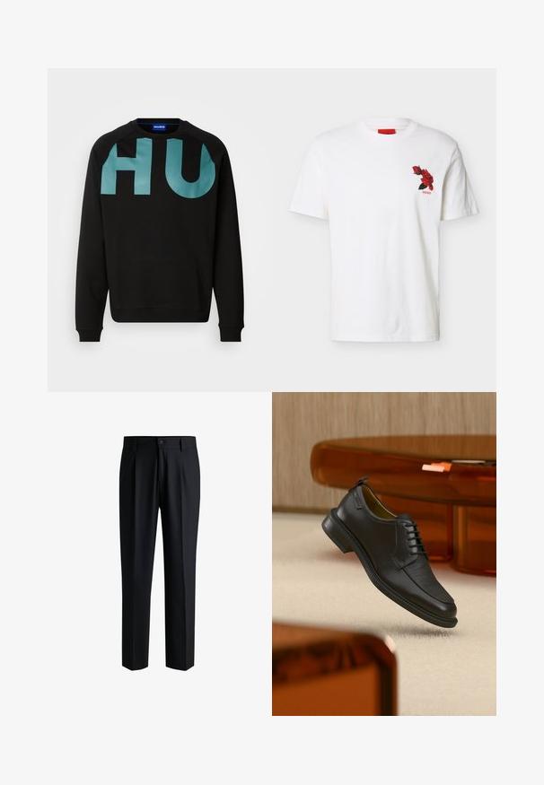 Sweatshirt noir arborant un grand logo turquoise "HU" lisse sur le devant. Confectionné en tissu doux avec des poignets et un col côtelés.; T-shirt blanc à manches courtes avec col rond, petit motif rouge de rose et texte "HUGO" sur la poitrine gauche.; Pantalons noirs en tissu lisse, avec une coupe droite, des plis à l'avant et une fermeture à bouton avec passants de ceinture.; Chaussure habillée noire en cuir à lacets avec devant texturé, flottant au-dessus d'un tapis beige dans une pièce moderne avec des meubles teintés d'ambre.