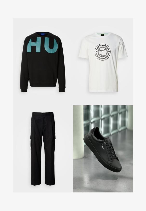 Sweatshirt noir arborant un grand logo turquoise "HU" lisse sur le devant. Confectionné en tissu doux avec des poignets et un col côtelés.; T-shirt blanc en coton à manches courtes avec un graphique circulaire noir, le texte "BOSS TENNIS CLUB" et un motif de balle de tennis au centre.; Pantalon cargo noir à coupe décontractée, avec poches latérales, fermeture par bouton, et tissu léger et lisse.; Baskets en cuir noir avec lacets noirs et le nom de la marque "HUGO" sur le côté, présentées devant un arrière-plan moderne en blocs de verre et béton.