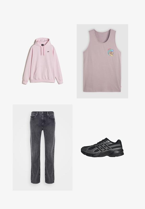Helle rosa Kapuzenjacke, aus Baumwollmix, mit einer frontalen Kängurutasche, verstellbarem Kordelzug an der Kapuze und kleinem Logo auf der Brust. Weicher Stoff.; Hellblaue Baumwoll-Tanktop mit einem bunten Grafiker mit dem Text "Levi's" und einem Wellenmuster auf der linken Brust. Einfache, schlichte Saum.; Graue Denim-Jeans mit geradem Bein. Verfügt über fünf Taschen, sichtbare Nähte und einen klassischen Bund mit Knopfverschluss.; Schwarze Sportschuhe aus Netz- und synthetischem Material, mit einer strukturierten Oberfläche, mehreren grauen Streifen und einem gepolsterten Schaft.