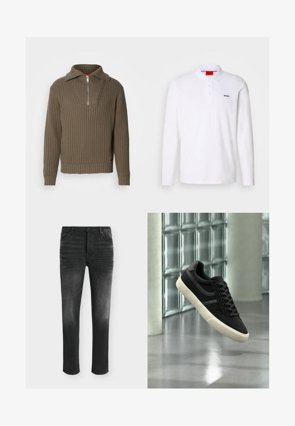 Suéter marrón acanalado con media cremallera y un collar amplio. Presenta una tela texturizada y un dobladillo ligeramente corto. Diseño simplista.; Camisa polo blanca de manga larga hecha de algodón con cuello, tapeta de tres botones y el logo negro "HUGO" en el lado izquierdo del pecho.; Vaqueros negros de corte ajustado con detalles desgastados, estilo de cinco bolsillos y cierre con botón en la cintura.; Zapatilla negra de perfil bajo con suela y cordones blancos, de la marca "BOSS", flotando en interiores cerca de ventanas de bloques de vidrio y pilares de hormigón.