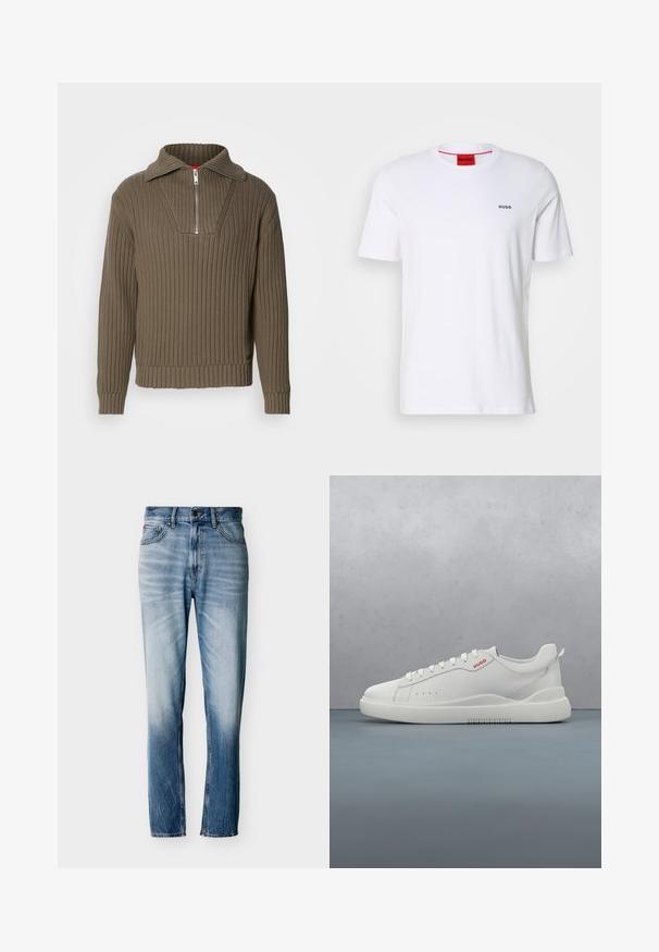 Brun ribbet pullover med en halvdelt lynlås og en bred krave. Har et tekstureret stof og en let cropped hel. Simpelt design.; Hvid bomulds t-shirt med korte ærmer, en rund udskæring og lille sort "HUGO" logo på venstre bryst. Har rød indvendig halslabel.; Blå falmede jeans med lige ben, fem lommer, knaplukning og bæltestropper, vist fladt på hvid baggrund.; Hvide sneakers med en glat læderfinish, rund tå, fire snørehuller, subtile perforeringer og en rød logo detalje på siden.