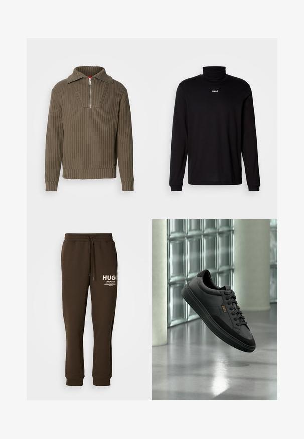 Suéter marrón acanalado con media cremallera y un collar amplio. Presenta una tela texturizada y un dobladillo ligeramente corto. Diseño simplista.; Camisa de cuello alto negra de manga larga hecha de un tejido suave, con el logo blanco "HUGO" en el pecho, con puños y dobladillo ajustados.; Pantalones de chándal marrones hechos de una tela suave, con una cinturilla elástica y un cordón, y detalles del logotipo en blanco en la parte delantera.; Zapatilla deportiva baja de cuero negro con cordones negros y el logo dorado "BOSS", exhibida en el aire frente a una pared de bloques de vidrio y suelo gris.