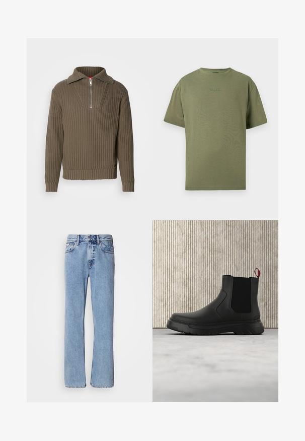 Brun ribbet pullover med en halvdelt lynlås og en bred krave. Har et tekstureret stof og en let cropped hel. Simpelt design.; Olivengrøn kortærmet t-shirt i blød bomuld med rund hals og et diskret præget "BOSS"-logo på brystet. Glat tekstur, afslappet design.; Lyseblå denimjeans med lige ben design, fem lommer og knaplukning. Syninger nær lommer og talje.; Sort ankelstøvle med en glat overflade, elastiske sidepaneler og en kontrasterende rød træksløjfe, der har en tyk gummisål og rund tå.