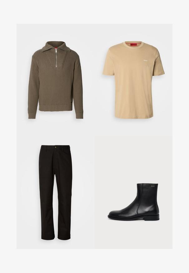 Suéter marrón acanalado con media cremallera y un collar amplio. Presenta una tela texturizada y un dobladillo ligeramente corto. Diseño simplista.; Camiseta de algodón beige con cuello redondo, mangas cortas y un pequeño logo blanco "HUGO" en el pecho. Textura suave sin patrones.; Pantalones de algodón negros con corte recto, presillas para el cinturón, cremallera frontal y un solo botón de cierre. Textura suave sin patrones visibles.; Botín negro de cuero con tacón bajo, costura lateral y pequeño logo "HUGO" en el puño superior sobre un fondo liso.