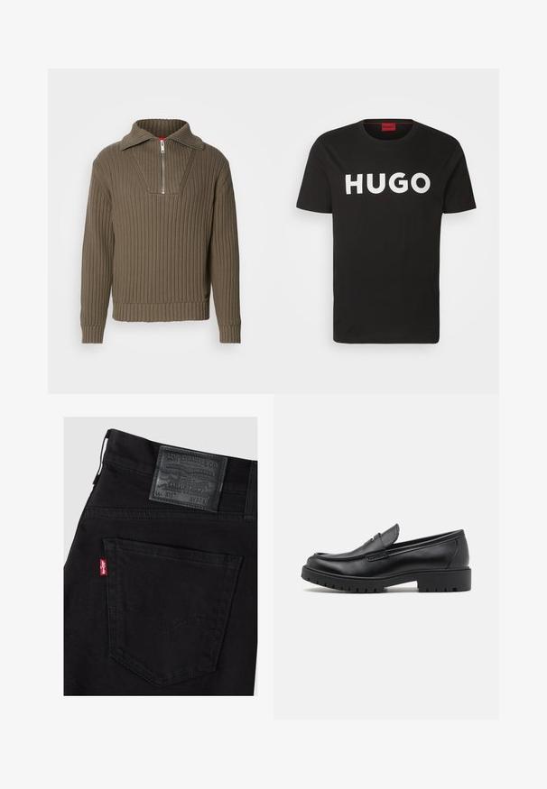 Suéter marrón acanalado con media cremallera y un collar amplio. Presenta una tela texturizada y un dobladillo ligeramente corto. Diseño simplista.; Camiseta de algodón negra con cuello redondo y manga corta, decorada con un destacado logo blanco de "HUGO" en la parte delantera.; Vaqueros Levi's negros mostrando el bolsillo trasero derecho con la etiqueta roja de Levi's y el parche de cuero negro de la marca con la talla W32 L.; Mocasines de cuero negro con punta redondeada, diseño sin cordones y suela de goma gruesa con agarre texturizado. Tacón elevado y detalles de costura sutiles.
