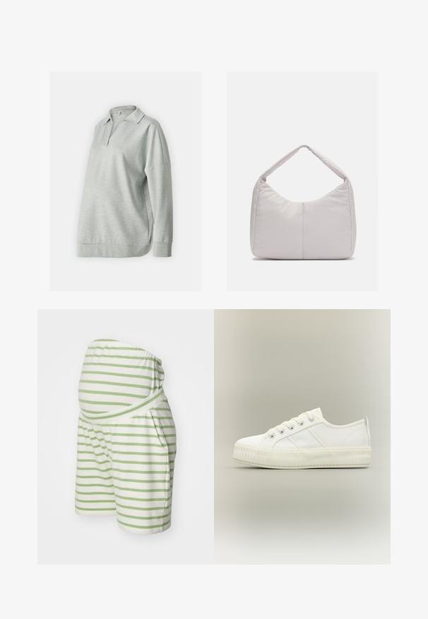 Pull sweatshirt gris clair avec col, manches longues et coupe décontractée. Fabriqué dans un tissu doux avec une texture lisse et un motif subtil.; Shorts de maternité rayés en blanc et vert clair, en tissu doux. Comprend une taille élastique et des poches latérales.; Baskets basses blanches avec semelle épaisse côtelée, lacets à l'avant et languette à l'arrière sur fond neutre.; Sac d'épaule rembourré gris clair avec une forme courbée, doté d'une seule poignée et d'une surface lisse et texturée. Design simple sans matériel supplémentaire.