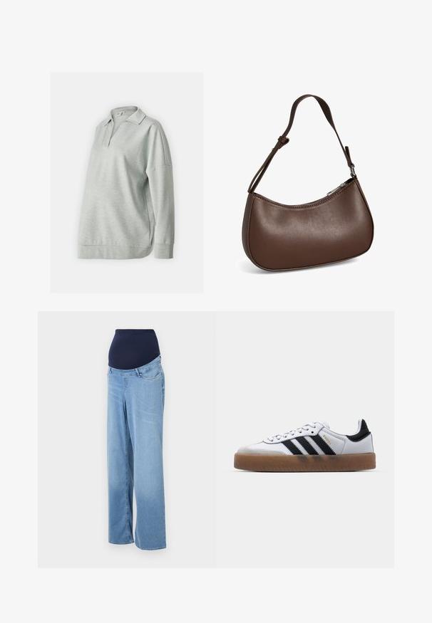 Pull sweatshirt gris clair avec col, manches longues et coupe décontractée. Fabriqué dans un tissu doux avec une texture lisse et un motif subtil.; Jeans de maternité en denim bleu clair. Dotés d'une ceinture élastique bleu marine et d'un design à jambe large. Poches avant standard et tissu légèrement décoloré.; Baskets en cuir blanc avec des rayures noires, semelle extérieure en caoutchouc beige, bout rond, fermeture lacée et embout en suède gris doux.; Petit sac bandoulière en cuir marron avec sangle réglable et fermeture éclair, présenté sur fond blanc. Aucun logo ou décoration visible.