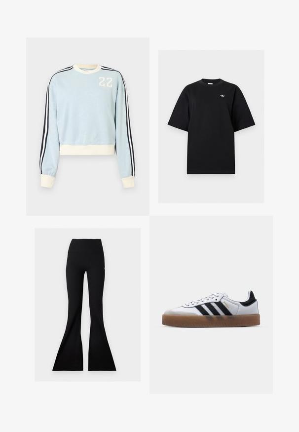 Sweat-shirt bleu clair à manches longues avec poignets et ourlet blancs, rayures noires et blanches sur les manches, et "22" blanc imprimé sur la poitrine.; T-shirt noir à manches courtes avec col rond et petit logo blanc Adidas Trefoil sur la poitrine gauche, présenté sur un fond clair uni.; Pantalon noir taille haute, ajusté, avec jambes larges et évasées, posé à plat sur un fond clair.; Baskets en cuir blanc avec des rayures noires, semelle extérieure en caoutchouc beige, bout rond, fermeture lacée et embout en suède gris doux.