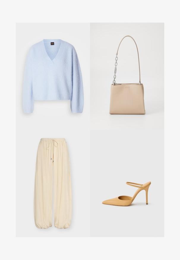 Pull en tricot cropped bleu clair avec un décolleté en V et des manches longues, présentant une texture douce et un minimum de détails de coutures.; Pantalon beige ample avec taille élastique et cordon, doté de poignets élastiques froncés aux chevilles sur un fond uni.; Chaussure à talon aiguille beige à bout pointu avec une fine bride de cheville sur fond blanc.; Sac à main en cuir beige au toucher lisse, avec une accent en chaîne argentée sur la poignée et une fermeture éclair. "HUGO" embouti à l'avant.