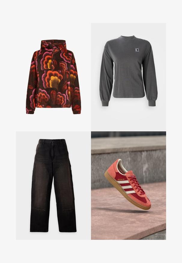 Sudadera de forro polar con patrones florales en rosa, naranja y amarillo sobre un fondo marrón oscuro. Con capucha y abertura con botones. Textura suave.; Camiseta de manga larga gris hecha de algodón, con cuello redondo y puños elásticos, que cuenta con un pequeño logo cuadrado en el pecho.; Pantalones negros de pierna ancha con grandes bolsillos delanteros de parche y trabillas para cinturón, mostrados sobre un fondo claro y liso.; Zapatilla Adidas Spezial roja y naranja con rayas blancas y suela de goma flotando sobre una superficie de hormigón y escalones de fondo.