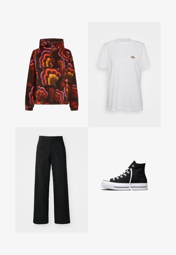 Pullover fleece med pink, orange og gule blomster mønstre på en mørkebrun baggrund. Har hætte og knaplukning. Blød tekstur.; Hvid bomulds t-shirt med rund hals og korte ærmer, med et lille, farverigt "Diesel" logo broderet på brystet.; Sorte vide bukser med flad front, knaplukning og bæltestropper. Fremstillet af holdbart stof med en glat tekstur.; Sort high-top canvas sneaker med hvid gummisål og hvide snørebånd, vist fra siden mod en hvid baggrund.