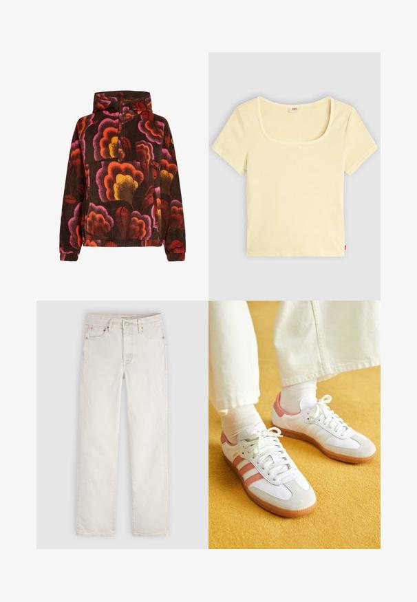 Pullover fleece met roze, oranje en gele bloemmotieven op een donkerbruin achtergrond. Voorzien van een capuchon en knoopsluiting. Zachte textuur.; Lichtgele geribbelde top met korte mouwen, een brede ronde halslijn en een cropped pasvorm. Label zichtbaar aan de achterkant in het midden.; Off-white rechte denim jeans met knoop aan de voorkant, riemlussen en vijfzakkenontwerp, plat gelegd op een lichte achtergrond.; Witte sportschoenen met roze accenten, gemaakt van suede en leer, met een ronde neus en een rubberen zool, weergegeven met lichtgekleurde sokken op een gele achtergrond.