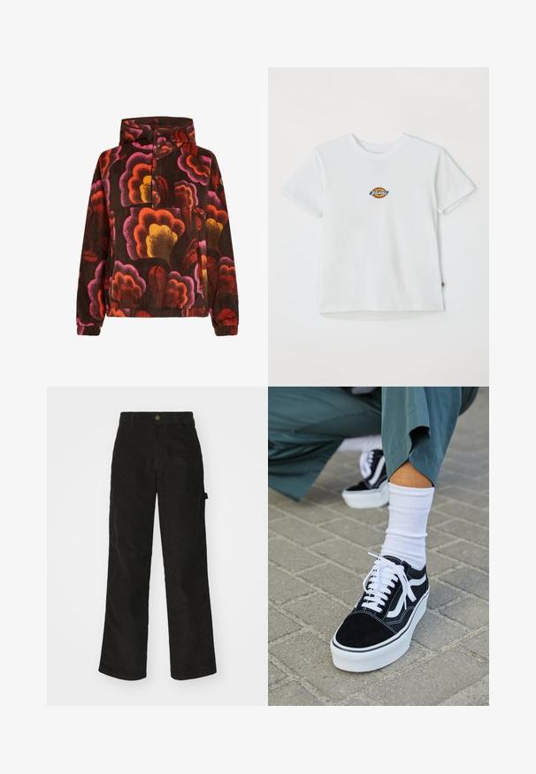 Pullover fleece med pink, orange og gule blomster mønstre på en mørkebrun baggrund. Har hætte og knaplukning. Blød tekstur.; Hvid bomulds t-shirt med et rundt logo med flerfarvede accenter. Korte ærmer og rund halsudskæring, med et lille mærke ved kanten.; Sorte kordfløjsbukser med et lige ben-design, der har en knaplukning og sidelommer. Glat tekstur med fine lodrette striber.; Sorte ruskinds sneakers med hvide accenter og snørebånd, der har en tyk hvid sål og kontrasterende syninger, parret med en hvid sok.