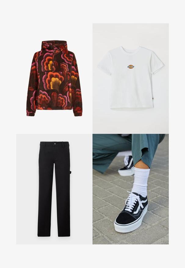 Mikina z fleece materiálu s ružovými, oranžovými a žltými kvetinovými vzormi na tmavohnedom pozadí. Obsahuje kapucňu a zapínanie na gombíky. Mäkká štruktúra.; Biela bavlnená tričko s okrúhlym logom a viacfarebnými akcentmi. Krátke rukávy a okrúhly výstrih, s malou nálepkou na leme.; Čierne nohavice z hladkej látky, navrhnuté s rovnými nohavicami, zapínaním na gombík a bočnou kapsou.; Čierne semišové tenisky s bielymi akcentmi a šnúrkami, s hrubou bielou podrážkou a kontrastným prešívaním, doplnené o bielu ponožku.