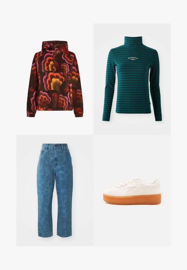Mikina z fleece materiálu s ružovými, oranžovými a žltými kvetinovými vzormi na tmavohnedom pozadí. Obsahuje kapucňu a zapínanie na gombíky. Mäkká štruktúra.; Dlhý rukáv rolák v tyrkysovej farbe s tmavomodrými horizontálnymi pruhmi. Obsahuje malé biele a zlaté logo na hrudi. Mäkka, elastická látka.; Svetlomodré denim nohavice s jemnou vzorovanou textúrou, vysokým pásom a rovný strih. Obsahujú predné zapínanie na gombík a zips.; Biele nízke tenisky so šnúrkami a zapínaním na suchý zips, s hrubou svetlohnedou podrážkou a jemnými bočnými detailmi švov.