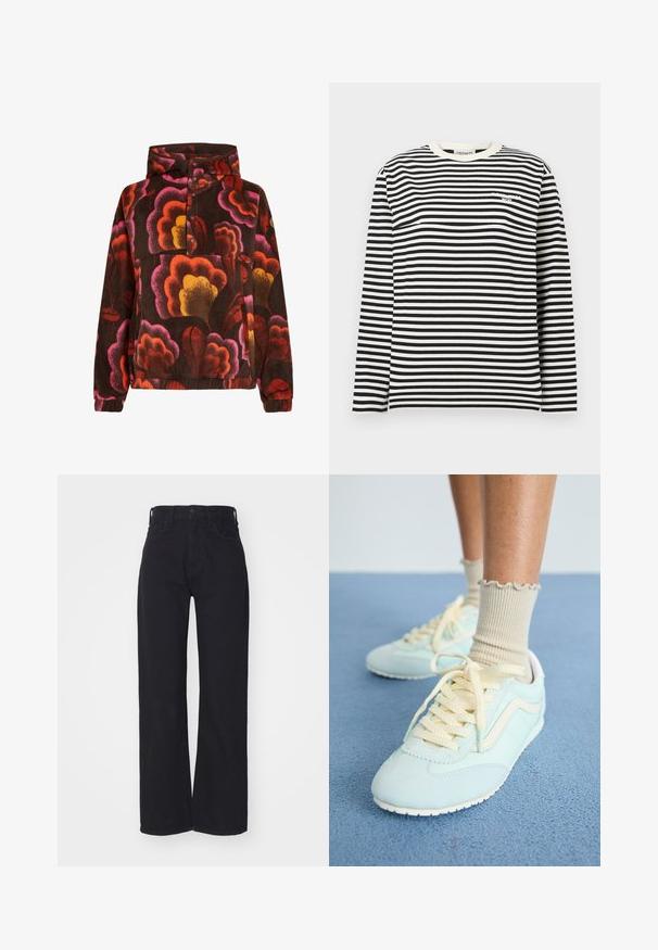 Pullover fleece med pink, orange og gule blomster mønstre på en mørkebrun baggrund. Har hætte og knaplukning. Blød tekstur.; Langærmet sort og hvid trøje med vandrette striber, rund hals og lille hvidt logo på øverste venstre bryst.; Sorte højtaljede bredbenede jeans med frontknap og lynlås, bæltestropper og to forlommer på hvid baggrund.; Lyseblå ruskindsneakers med cremefarvede snørebånd og detaljer, der har en tekstureret overflade og en hvid gummisål. Rynkede beige sokker er synlige.