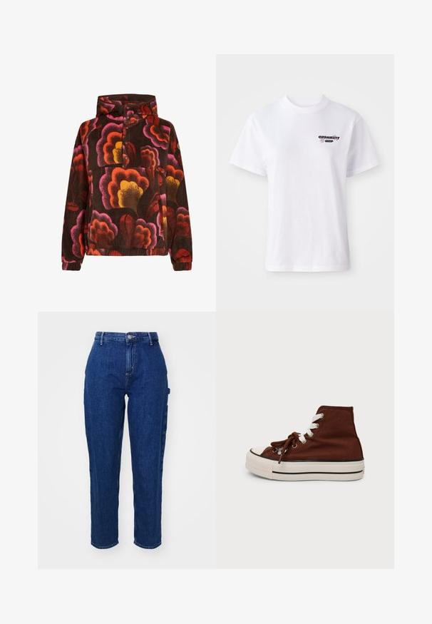 Sudadera de forro polar con patrones florales en rosa, naranja y amarillo sobre un fondo marrón oscuro. Con capucha y abertura con botones. Textura suave.; Camiseta blanca de manga corta con cuello redondo, con un pequeño logo negro y morado de Carhartt WIP en el lado izquierdo del pecho.; Vaqueros de mezclilla azul oscuro con cintura alta, corte recto, cierre frontal de botones y bolsillos laterales. Textura suave con un ligero estiramiento.; Zapatilla de lona marrón de caña alta con cordones blancos, suela de goma blanca y una franja negra, mostrada de lado sobre un fondo blanco liso.