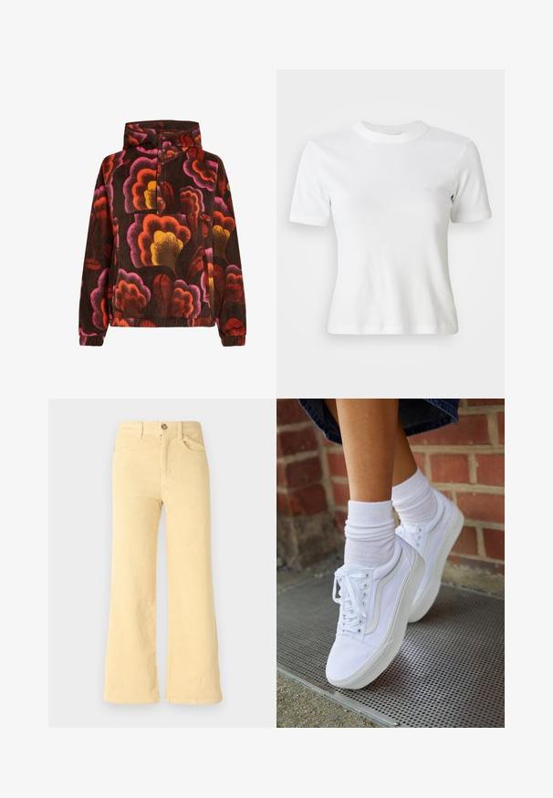 Fleece-Pullover mit rosa, orangefarbenen und gelben Blumenmustern auf einem dunkelbraunen Hintergrund. Mit Kapuze und Knopfleiste. Weicher Stoff.; Weiße, gerippte Kurzarm-T-Shirt mit Rundhalsausschnitt und kleinem Logo auf der Brust. Aus weichem Stoff gefertigt mit taillierter Passform.; Gelbe, leicht ausgestellte Cordhosen mit einer gerippten Textur, ausgestattet mit fünf Taschen und einem vorderen Knopfverschluss.; Weiße Leinensneaker mit Gummisohlen, ausgestattet mit sechs Ösen, runder Zehenpartie und dezenten Nähten, kombiniert mit weißen Knöchelsocken.