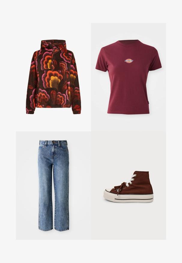 Sudadera de forro polar con patrones florales en rosa, naranja y amarillo sobre un fondo marrón oscuro. Con capucha y abertura con botones. Textura suave.; Camiseta corta de manga en color burdeos, fabricada en algodón, con cuello redondo y un pequeño logotipo multicolor de "Dickies" en el pecho.; Jeans de mezclilla azules de pierna recta de tiro alto con bolsillos frontales, pasadores para cinturón y cierre de botón.; Zapatilla de lona marrón de caña alta con cordones blancos, suela de goma blanca y una franja negra, mostrada de lado sobre un fondo blanco liso.