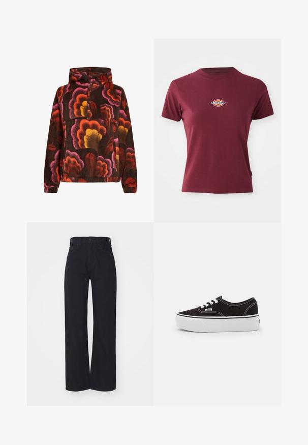 Mikina z fleece materiálu s ružovými, oranžovými a žltými kvetinovými vzormi na tmavohnedom pozadí. Obsahuje kapucňu a zapínanie na gombíky. Mäkká štruktúra.; Bordová tričko s krátkym rukávom vyrobené z bavlny, s okrúhlym výstrihom a malým viacfarebným logom "Dickies" na hrudi.; Čierne široké džíny s vysokým pásom, so zapínaním na prednom gombíku a zips, pútkami na opasok a dvoma prednými vreckami na bielom pozadí.; Čierne plátenné tenisky s bielou gumovou platformou, s bielymi šnúrkami a stehmi, ikonickým logom na boku, nízkoprofilový dizajn.