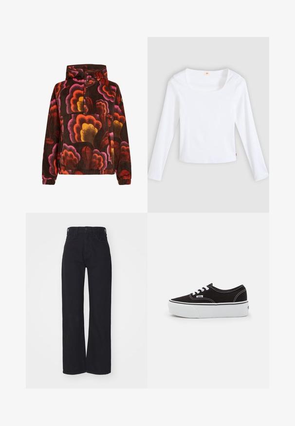 Fleece-Pullover mit rosa, orangefarbenen und gelben Blumenmustern auf einem dunkelbraunen Hintergrund. Mit Kapuze und Knopfleiste. Weicher Stoff.; Weißes Langarm-T-Shirt aus Rippstoff mit quadratischem Ausschnitt und figurbetontem Schnitt, mit einem kleinen Logobändchen an der Seite.; Schwarze hochgeschnittene weite Jeans mit Knopf- und Reißverschluss vorne, Gürtelschlaufen und zwei Vordertaschen auf weißem Hintergrund.; Schwarze Leinensneaker mit einer weißen Gummiplattformsohle, weißen Schnürsenkeln und Nähten, ikonischer Markenaufdruck an der Seite, im Low-Top-Design.