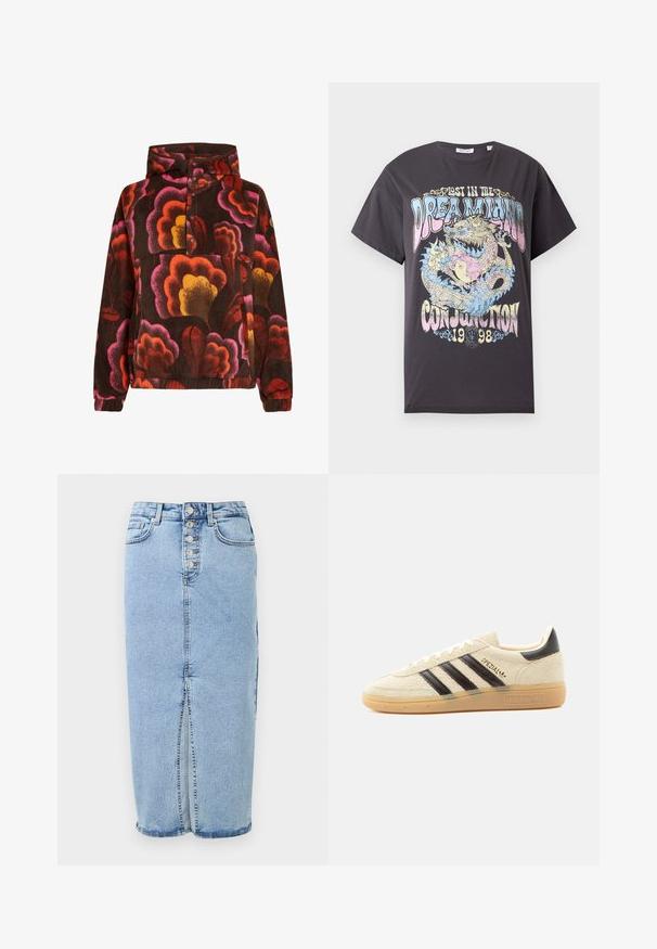 Pullover fleece med pink, orange og gule blomster mønstre på en mørkebrun baggrund. Har hætte og knaplukning. Blød tekstur.; Sort T-shirt med pastelfarvet drage snoet omkring yin-yang symbolet, tekst "Lost in the Dreamland Conjunction 1998" i stiliseret skrifttype.; Lyseblå denim midi nederdel med knaplukning foran, frontslids, bæltestropper og to forlommer.; Kremfarvet ruskindssneaker med sorte striber, gummisål, sort hælstrop og gyldent "SPEZIAL"-tekst på siden.