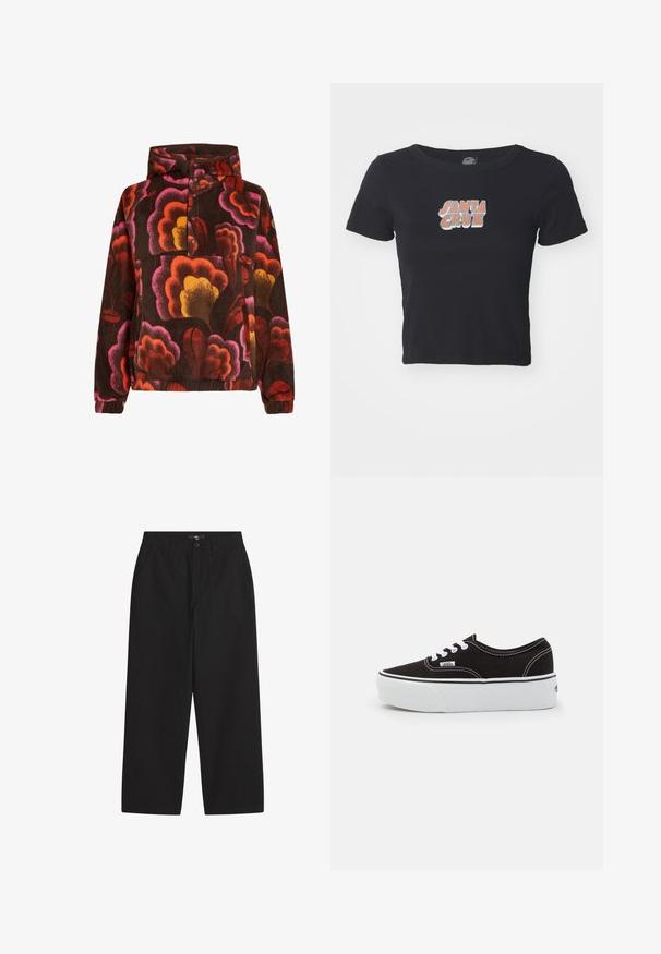 Pullover fleece met roze, oranje en gele bloemmotieven op een donkerbruin achtergrond. Voorzien van een capuchon en knoopsluiting. Zachte textuur.; Zwarte cropped t-shirt van katoen, met een kleurrafische "SANTA CRUZ" graphic op de voorkant. Korte mouwen en een ronde hals.; Zwarte wijde broek van katoen. Heeft een knoopsluiting, twee voorzakken en een gladde textuur. Eenvoudig ontwerp zonder patronen.; Zwarte canvas sneaker met een witte rubberen platformzool, voorzien van witte veters en stiksels, iconische branding op de zijkant, low-top ontwerp.