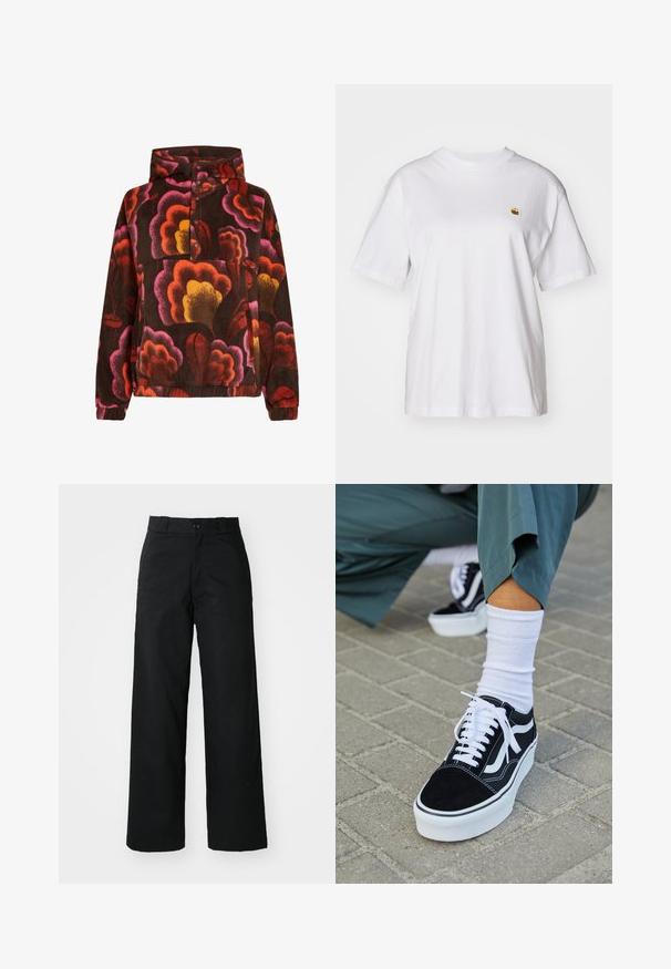 Fleece-Pullover mit rosa, orangefarbenen und gelben Blumenmustern auf einem dunkelbraunen Hintergrund. Mit Kapuze und Knopfleiste. Weicher Stoff.; Weißes Baumwoll-T-Shirt mit lockerem Schnitt, kurzen Ärmeln und einem kleinen gestickten Logo auf der linken Brustseite.; Schwarze weit geschnittene Hose mit flachem Vorderteil, Knopfverschluss und Gürtelschlaufen. Hergestellt aus strapazierfähigem Stoff mit glatter Textur.; Schwarze Wildledersneaker mit weißen Akzenten und Schnürsenkeln, ausgestattet mit einer dicken weißen Sohle und kontrastierenden Nähten, kombiniert mit einer weißen Socke.