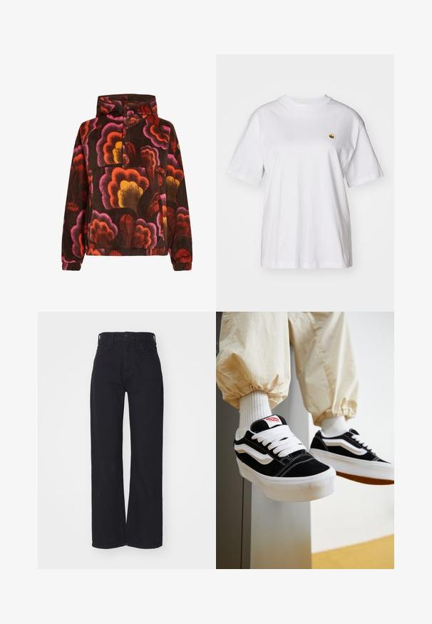 Mikina z fleece materiálu s ružovými, oranžovými a žltými kvetinovými vzormi na tmavohnedom pozadí. Obsahuje kapucňu a zapínanie na gombíky. Mäkká štruktúra.; Biely bavlnený tričko s voľným strihom, krátkymi rukávmi a malým vyšitým logom na ľavej strane hrude.; Čierne široké džíny s vysokým pásom, so zapínaním na prednom gombíku a zips, pútkami na opasok a dvoma prednými vreckami na bielom pozadí.; Osoba nosiaca čierno-biele tenisky Vans s bielymi šnúrkami, bielymi ponožkami a béžové nohavice s elastickými lemami.