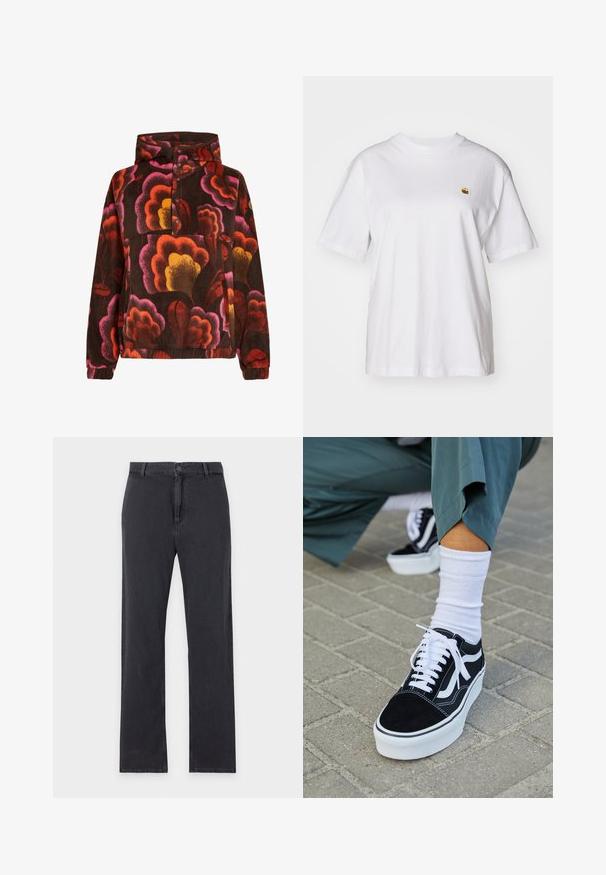 Pullover en polaire avec des motifs floraux roses, oranges et jaunes sur un fond marron foncé. Doté d'une capuche et d'une patte de boutonnage. Texture douce.; T-shirt en coton blanc avec une coupe décontractée, des manches courtes et un petit logo brodé sur la poitrine gauche.; Jean noir à jambes droites avec fermeture par bouton et zip à l'avant, passants de ceinture et design classique à cinq poches, posé à plat sur fond blanc.; Baskets en suède noir avec des accents et des lacets blancs, présentant une épaisse semelle blanche et des coutures contrastantes, associées à une chaussette blanche.