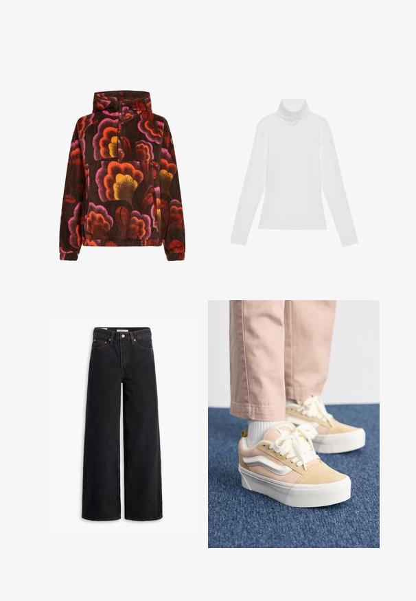 Fleece-pulloverssa, jossa on vaaleanpunaisia, oranžuja ja keltaisia kukkakuvioita tummanruskealla taustalla. Varustettu hupulla ja napilla suljettavalla puserolla. Pehmeä pinta.; Valkoinen pitkähihaisella poololla varustettu paita, joka on valmistettu sileästä ja joustavasta kankaasta. Ominaisuuksiin kuuluu korkeakauluksinen ja tiukka malli, ilman näkyviä kuvioita tai koristeita.; Musta leveälahkeinen farkut, joissa on viisi taskua, kupariset niitit ja klassinen nappisulku. Sileä pinta ja selkeä muotoilu.; Vaaleanpunaiset ja beiget mokkasaappaat, joissa on valkoiset yksityiskohdat ja litteät nauhat, paksulla valkoisella kumipohjalla ja näkyvillä ompeluominaisuuksilla.