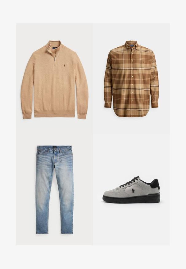 Beige zip-hals sweater lavet af struktureret strikstof med ribbede manchetter og kant; har et lille logo på brystet.; Brun ternet skjorte med en knaplukket krave, der har forskellige nuancer af brun og tan. Indeholder knapper og et logo på brystet. Fremstillet i bomuld.; Lys blå denimjeans med en falmet finish, fem-lomme design og kontraststing. Har lynlås og bæltesløjfer. Lige pasform.; Grå ruskinds-sneakers med sorte detaljer, der har et tekstureret stofpanel på siden, rund tå og sort gummisål. Logo broderet på siden.