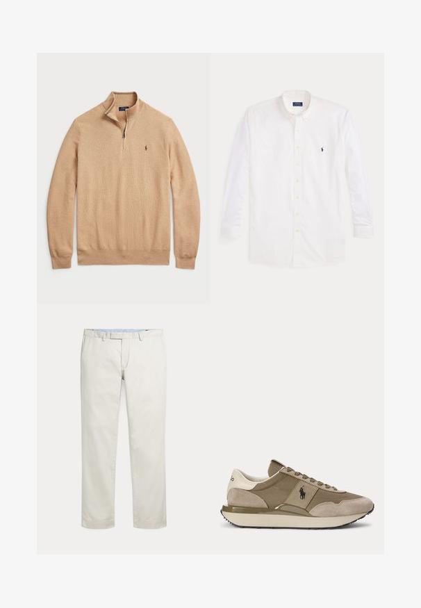 Beige zip-hals sweater lavet af struktureret strikstof med ribbede manchetter og kant; har et lille logo på brystet.; Hvid skjorte med lange ærmer med knapper og knaplukket krave samt lille mørkeblå Polo Ralph Lauren-logo på venstre bryst.; Kremfarvede bukser med lige ben, bæltestropper og skjult inderstik foran på en ensfarvet baggrund.; Sidevisning af beige og brun sneaker med ruskindsdetaljer og Polo-logo på siden mod en ensfarvet baggrund.