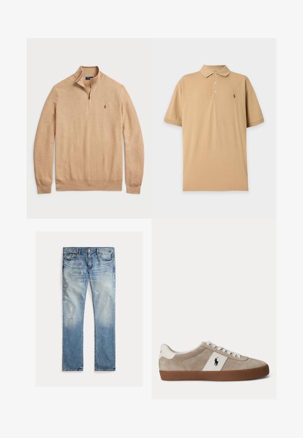 Beige zip-hals sweater lavet af struktureret strikstof med ribbede manchetter og kant; har et lille logo på brystet.; Beige kortærmet polo med tre knapper og lille broderet logo på venstre bryst mod en ensfarvet baggrund.; Lyseblå denimjeans med en bleget vask, slidte detaljer, malingspletter, traditionelt fem-lomme design, lige ben.; Beige ruskind lav-top sneaker med hvide snørebånd, hvid læder accent med sort hest logo og brun gummisål.