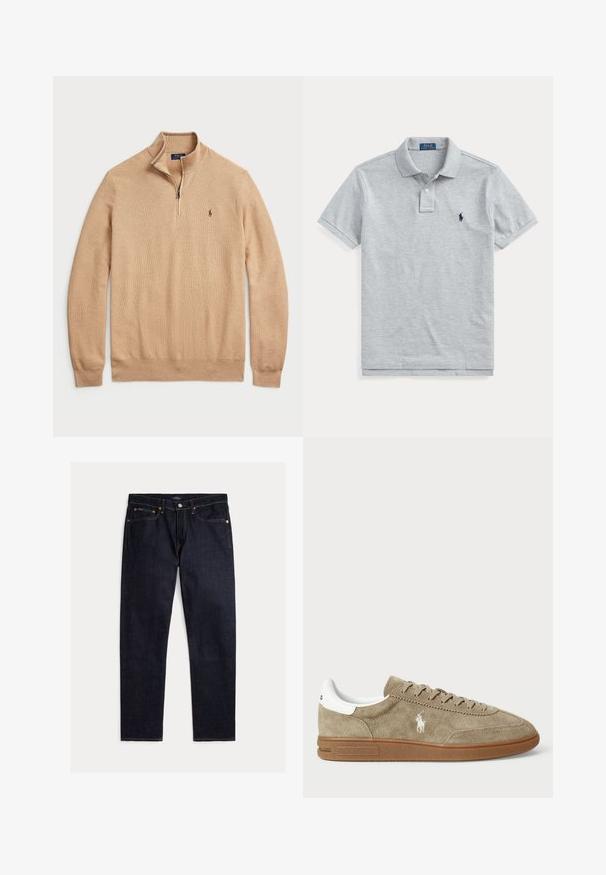Beige vetoketjupullover, joka on valmistettu teksturoidusta neuleesta, jossa on ribbaantuvat hihansuut ja helma; siinä on pieni logo rinnassa.; Vaaleanharmaa lyhythihainen poolopaita, jossa on kaulus, kaksinappinen nappilista ja vasemmassa rinnassa pieni tummansininen kirjailtu poolopelaajan logo.; Tummansiniset suoralahkeiset farkut, joissa on viisi taskua, nappi- ja vetoketjukiinnitys sekä kontrastiväriset oranssit saumat yksivärisellä taustalla.; Suede lenkkarit vaaleanruskeana, joissa on valkoisia yksityiskohtia, pyöreä kärki ja nauhakiinnitys. Varustettu kohokuvioidulla logolla ja kumipohjalla pidon parantamiseksi.