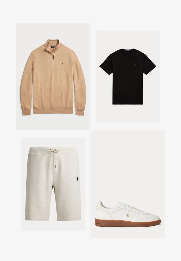 Beige zip-hals sweater lavet af struktureret strikstof med ribbede manchetter og kant; har et lille logo på brystet.; Sort t-shirt med korte ærmer og rund hals med lille flerfarvet Polo Ralph Lauren-logo på venstre bryst.; Lysegrå bomuldsshorts med snøre i taljen, sidelommer og en sort broderet hestelog på venstre ben.; Hvid lavt sneaker med brun sål, snørebånd foran og lille guld Polo Ralph Lauren-logo på siden.