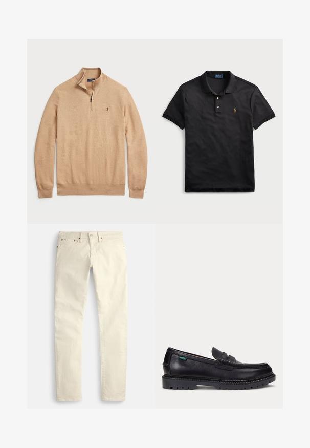 Beige Pullover mit Reißverschluss aus strukturiertem Strickstoff, mit gerippten Bündchen und Saum; verfügt über ein kleines Logo auf der Brust.; Schwarzes Poloshirt mit kurzen Ärmeln, Kragen, Zwei-Knopf-Leiste und kleinem besticktem Logo auf der linken Brust.; Hellbeige Hosen mit geradem Bein aus strukturiertem Stoff. Verfügen über fünf Taschen und braune, metallische Beschläge. Keine sichtbaren Muster oder Akzente.; Schwarzer Lederloafer mit dicker Profilsohle und kleinem grünen "Polo"-Etikett an der Außenseite nahe der Ferse.