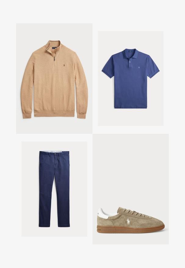 Beige Pullover mit Reißverschluss aus strukturiertem Strickstoff, mit gerippten Bündchen und Saum; verfügt über ein kleines Logo auf der Brust.; Polo-Shirt aus dunkelblauem Baumwollstoff, mit kurzen Ärmeln, klassischem Kragen, Knopfleiste und gesticktem Logo auf der linken Brust.; Marineblaue, gerade geschnittene Hose mit Gürtelschlaufen, Knopf- und Reißverschluss, Vordertaschen und taillierter Passform.; Wildledersneaker in Beige mit weißen Akzenten, runder Zehenform und Schnürdesign. Mit eingeprägtem Logo und Gummisohle für besseren Halt.