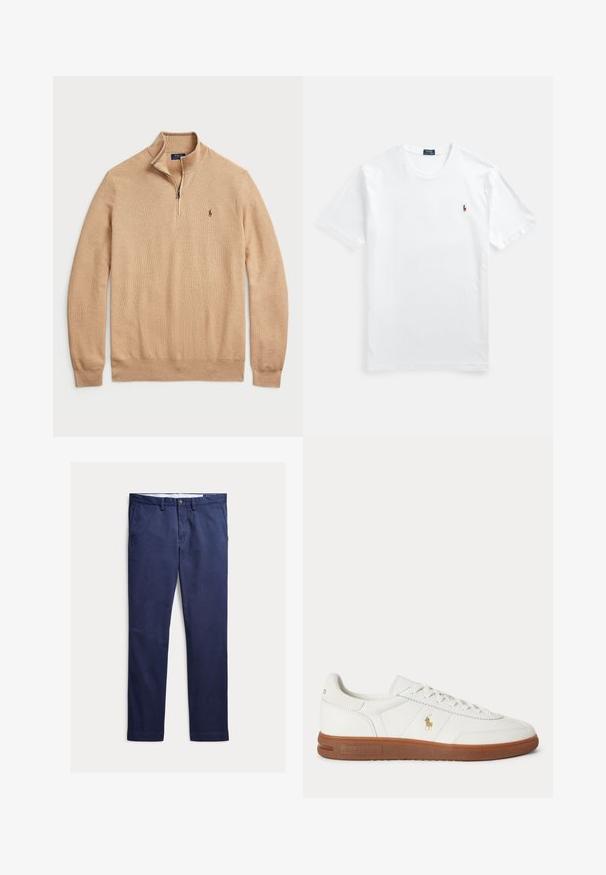 Suéter de cuello con cremallera beige, confeccionado en un tejido de punto texturizado con puños y dobladillo acanalados; presenta un pequeño logo en el pecho.; Camiseta blanca de algodón, cuello redondo, manga corta, con un pequeño logo bordado y colorido en el lado izquierdo del pecho. Textura suave, corte clásico.; Pantalones azul marino de corte recto con trabillas para cinturón, cierre de botón y cremallera, bolsillos delanteros y un corte entallado.; Zapatilla blanca de caña baja con suela marrón, cordones en la parte delantera y pequeño logo dorado de Polo Ralph Lauren en el lateral.