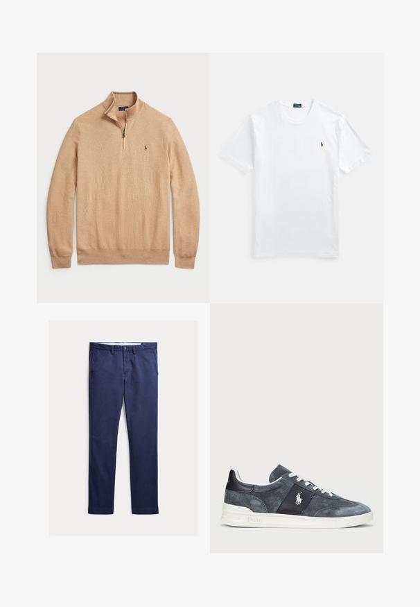 Beige zip-hals sweater lavet af struktureret strikstof med ribbede manchetter og kant; har et lille logo på brystet.; Hvid bomulds T-shirt med rund hals og korte ærmer, med et lille farverigt broderet logo på venstre bryst. Glat tekstur, klassisk pasform.; Marineblå bukser med lige ben, bæltestropper, knap- og lynlåslukning, forlommer og en skræddersyet pasform.; Grå ruskinds sneaker med hvide snørebånd, en mørk panel med logo og en hvid gummisål. Rund tå med syningdetaljer.