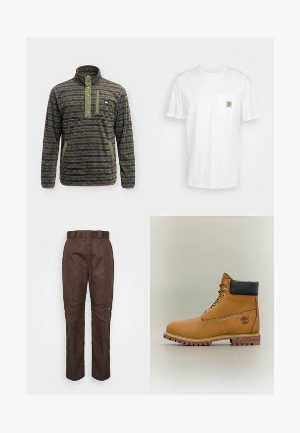 Pull polaire homme avec tissu à motifs, patte à boutons-pression, poche poitrine et poches latérales en tons olive et gris foncé.; T-shirt en coton blanc à manches courtes, avec une poche poitrine et un petit patch logo carré en orange et blanc sur la poche.; Pantalon marron à jambe droite avec une texture lisse. Présente des passants de ceinture, des coutures latérales et un petit logo de marque sur la jambe gauche.; Bottine en cuir marron avec col noir, lacets jaunes et semelle beige. Présente un logo et des détails de couture blanche. Semelle extérieure à traction robuste.