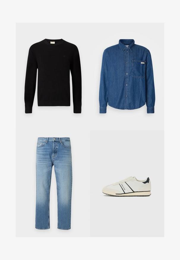 Calvin Klein Trui - black; Denimshirt in donkerblauw met knoopsluiting aan de voorkant, kraag, lange mouwen en een opgestikt zakje aan de linkerkant. Bevat een subtiel logo-label.; Lichtblauwe denim jeans met een rechte pijp, voorzien van een vervaagde wassing, vijf zakken en een metalen knoopsluiting. Contrasterende stiksels.; Witte casual sneaker met zwarte accenten en "TOMMY JEANS" branding aan de zijkant, platte zool met ribbelige onderkant, en vetersluiting.