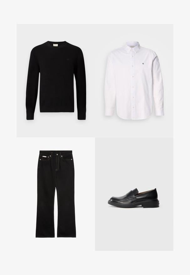 Calvin Klein Svetrík - black; Biela košeľa s gombíkmi vyrobená z bavlny, s klasickým golierom, dlhými rukávmi a malým logom CK na ľavej hrudi. Hladká textúra.; Čierne rovné rifle s oranžovým prešitím, piatimi vreckami, zapínaním na gombíky a malou značkou Calvin Klein na pravom prednom vrecku.; Čierne kožené slip-on formálne topánky s nízkym podpätkom a diskrétnym logom Calvin Klein na boku, zobrazené v profilu na bielom pozadí.