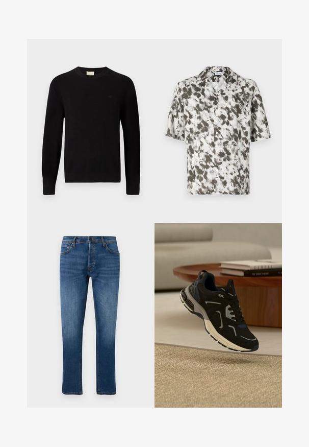Calvin Klein Jersey de punto - black; Camisa de botón de manga corta en tejido liviano, con una base blanca y un patrón abstracto en negro y gris, y un cuello con muesca.; Vaqueros rectos azules con cinco bolsillos, cierre de botón y un ligero desgaste en los muslos y las rodillas, exhibidos sobre un fondo blanco.; Zapatilla deportiva negra y gris suspendida sobre una alfombra beige tejida, con una mesa de madera y libros al fondo.