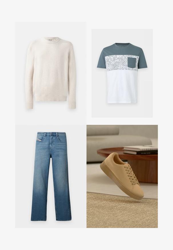Lys beige sweater med rund hals og ribbede manchetter. Blødt tekstureret stof med lange ærmer og lige kant. Minimalistisk design.; Herre t-shirt med korte ærmer med turkis øverste sektion, hvid nederste sektion, mønstret blomsterstribe i midten og turkis brystlomme.; Lyseblå denimjeans med lige ben, fem-lommer design og en subtil falmningseffekt. Inkluderer knap- og lynlåslukning.; Beige snørestøvler, der svæver over et tekstureret tæppe med et træ sofabord og stablede bøger i en sløret baggrund.