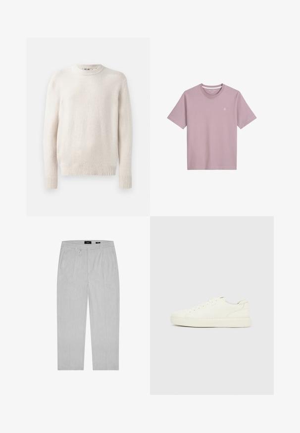 Lys beige sweater med rund hals og ribbede manchetter. Blødt tekstureret stof med lange ærmer og lige kant. Minimalistisk design.; Lyserød kortærmet t-shirt lavet af blødt stof, med rund hals og et lille broderet logo på brystet.; Lysegrå bukser med en subtil tekstur, der har forkantplisseringer, sidelommer og bæltestropper. Lige ben-design, minimalistisk stil.; Hvid lav sneakers med snørebånd foran, glat læderoverflade og tyk gummisål, vist fra ydersiden på en ensfarvet baggrund.