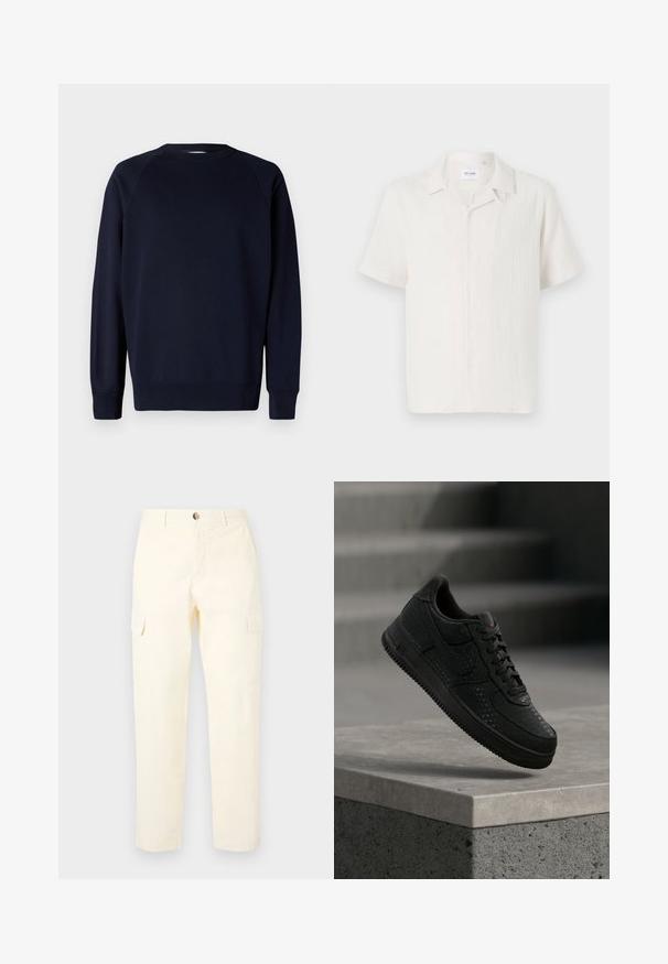 Marineblå langærmet sweatshirt med raglanærmer, rund halsudskæring, ribbede manchetter og bund. Glat bomuldsstof, minimalistisk design.; Kortærmet skjorte med knapper i lys cremefarve, der har et subtilt tekstureret mønster og en klassisk kravedesign.; Lys gule cargobukser lavet af bomuld, med sidelommer og lige ben design, med en knaplukning i taljen.; Sort Nike-sneaker med perforerede detaljer svæver over en betonforkant mod en sløret grå baggrund.
