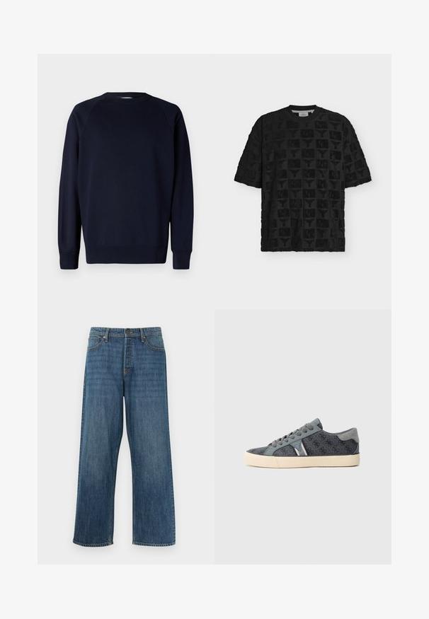 Marineblå langærmet sweatshirt med raglanærmer, rund halsudskæring, ribbede manchetter og bund. Glat bomuldsstof, minimalistisk design.; Sort kortærmet rundhalset top med tekstureret ternet mønster med hævet oksehoved og halvmånesymboler.; Blå straight-leg denim jeans med klassisk fem-lomme design og knaplukning, vist mod en ensfarvet hvid baggrund.; Sneakers i mørkegråt stof med gentaget logomønster, med lysegrå tung og sidepanel, hvide snørebånd og beige ydersål.